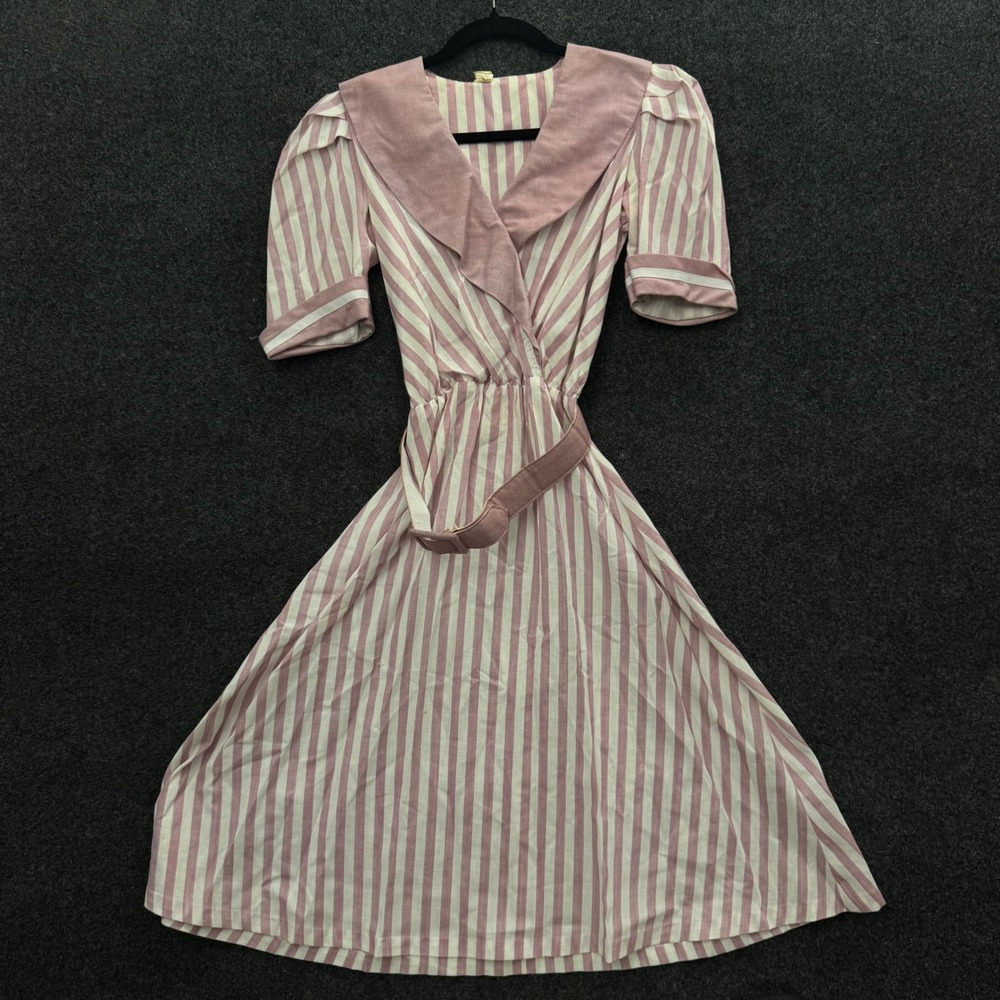 Vintage 70s Pink White Striped Sailor Collar Wrap Dress with Belt Short Sleeve